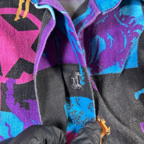 Vintage Lone Roo By Roper Western Shirt Black Purple Cowboy Geometric Print READ - Picture 8 of 16